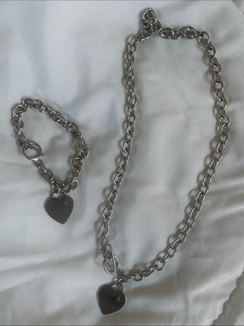Vintage Technibond Toggle Heart Necklace And Bracelet Set With Diamond Chip